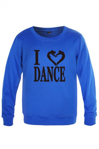 Fancy Mens Character Heart Letter I Love Dance Printed Pullover Long Sleeve Round Neck Regular Fitted Graphic Sweatshirt