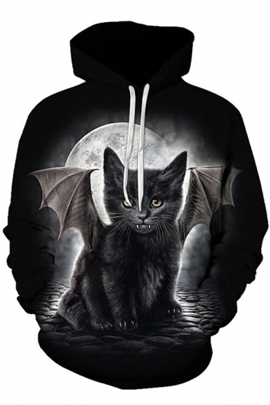 Fashionable Cat 3D Pattern Drawstring Pocket Long Sleeve Loose Fit Hooded Sweatshirt for Men