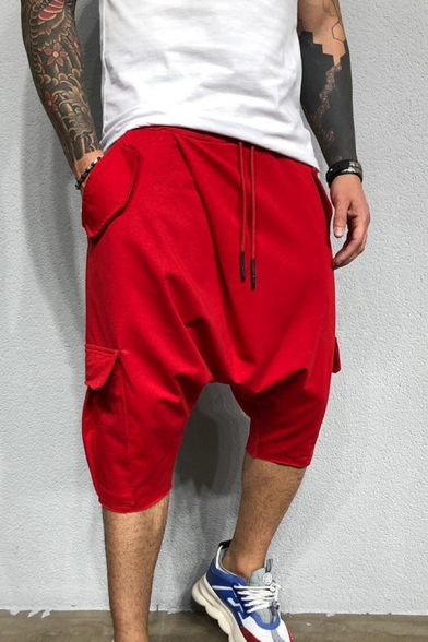 Fashionable Mens Shorts Plain Flap Pocket Drawstring Mid Rise Relaxed Fitted Harem Shorts