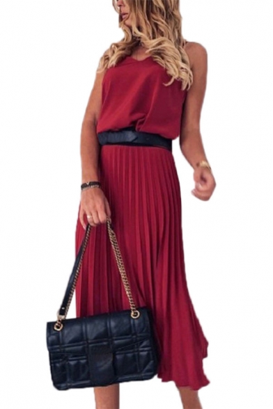 Glamorous Solid Color Spaghetti Straps V-neck Belted Mid Pleated A-line Cami Dress for Ladies