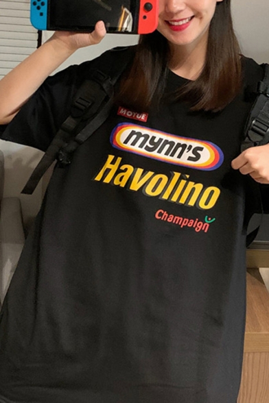 Hip Hop Womens Letter Havolino Pirnt Half Sleeve Crew Neck Relaxed T-shirt