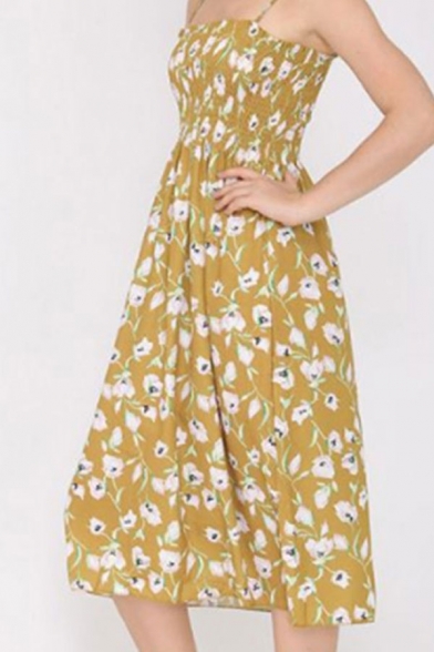 Ladies Ditsy Floral Printed Spaghetti Straps Cute Mid A-line Slip Dress