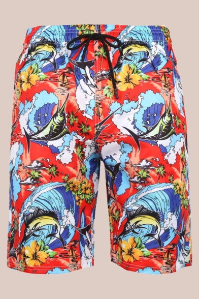 Mens 3D Relax Shorts Holiday Coconut Tree Wave Fish Pattern Regular Fitted Drawstring Waist Relax Shorts