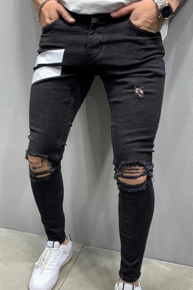 Mens Fashionable Striped Pattern Pockets Zipper Fly Distressed Full Length Skinny Jeans in Black