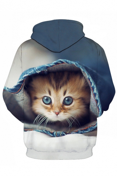 Mens Lovely Cat 3D Pattern Drawstring Long Sleeve Loose Fit Hooded Sweatshirt with Pocket