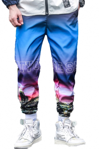 Mens Stylish Ombre Letters Patterned Cuffed Full Length Regular Fit Tapered Pants with Pockets