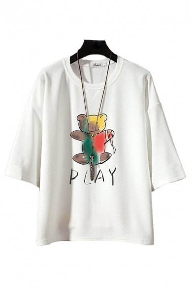 Mens T-Shirt Bear Letter Play Pattern Regular Fit 3/4 Sleeve Round Neck Graphic T-Shirt