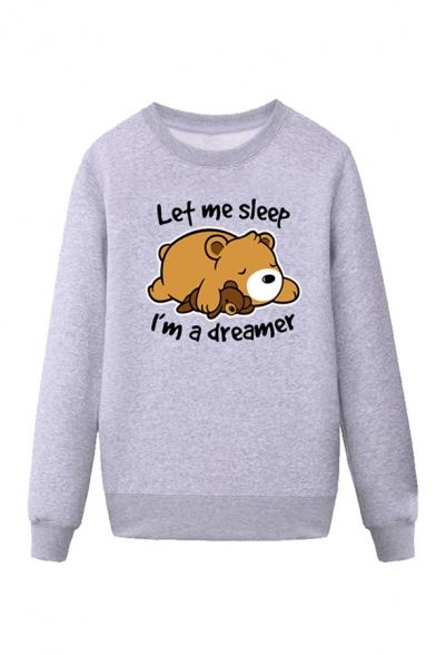 Popular Mens Bear Letter Let Me Sleep I Am a Dreamer Printed Pullover Long Sleeve Round Neck Regular Fit Graphic Sweatshirt