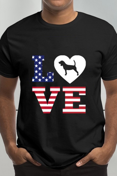 Popular Mens Letter Love Star Stripe Dog Graphic Short Sleeve Crew Neck Loose Fit T Shirt in Black