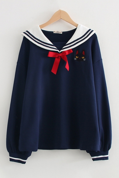Preppy Girls Cat Embroidered Bow Tie Panel Striped Long Sleeve Sailor Collar Loose Fit T-shirt