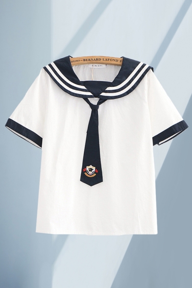 Preppy Looks Contrasted Short Sleeve Striped Sailor Collar Badge Embroidered Tie Relaxed Tee Top for Girls