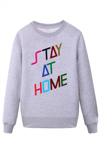 Simple Letter Stay at Home Printed Pullover Long Sleeve Round Neck Regular Fitted Graphic Sweatshirt for Men