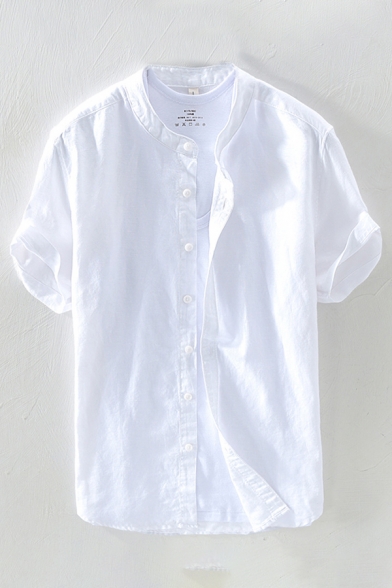 Simple Linen and Cotton Solid Color Rolled Short Sleeve Collarless Button up Relaxed Shirt Top