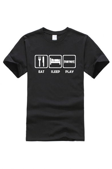 Simple Mens Fork Bed Letter Eat Sleep Play Printed Short Sleeve Round Neck Regular Fit T-Shirt