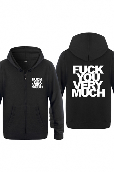 Simple Mens Letter Fuck You Very Much Printed Zipper up Pocket Drawstring Long Sleeve Regular Fit Hoodie
