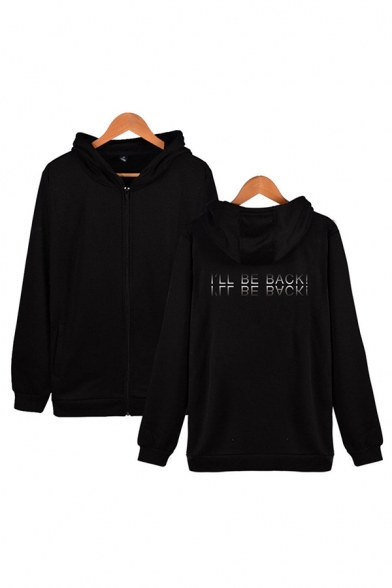 Simple Mens Letter I Will Be Back Printed Pocket Drawstring Zipper up Long Sleeve Regular Fitted Hooded Sweatshirt