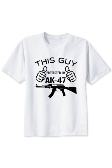 Simple Mens Letter This Guy AK-47 Gun Graphic Short Sleeve Crew Neck Loose T Shirt in White