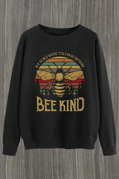Street Girls Cartoon Bee Letter Bee Kind Graphic Long Sleeve Round Neck Relaxed Pullover Sweatshirt in Black