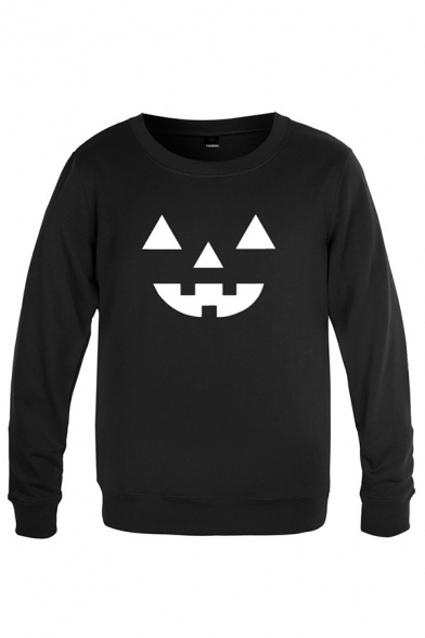 Stylish Halloween Ghost Face Pattern Long Sleeve Round Neck Regular Fitted Pullover Sweatshirt for Men
