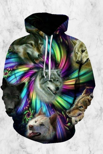 Stylish Men's Wolf 3D Pattern Drawstring Full Sleeve Relaxed Fitted Hoodie with Pocket