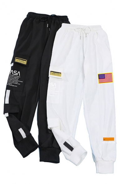 Stylish Mens USA Flag Letter Printed Applique Pocket Drawstring Cuffed Mid Rise 7/8 Length Regular Fitted Jogger Pants