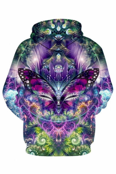 Trendy 3D Butterfly Floral Pattern Pocket Drawstring Long Sleeve Regular Fitted Hooded Sweatshirt for Men