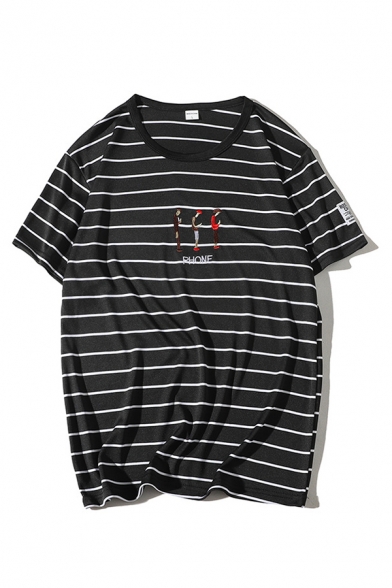 Trendy Character Striped Pattern Letter Phone Embroidery Short Sleeve Round Neck Regular Fit Graphic T-Shirt for Men