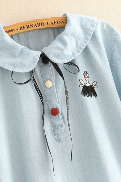 Trendy Girls Embroidered Short Sleeve Peter Pan Collar Colorful Button up Ruffled Hem Long Swing Dress in Light Blue