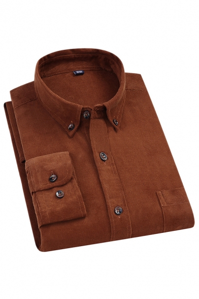 Trendy Mens Solid Color Pocket Button up Long Sleeve Button-Down Collar Regular Fitted Corduroy Shirt