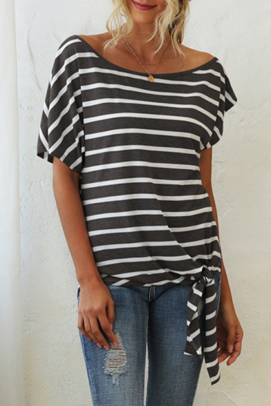 Trendy Womens Stripe Print Tied Hem Short Sleeve Round Neck Relaxed T-shirt