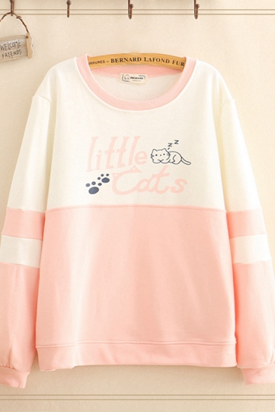 Womens Letter Little Cats Cartoon Graphic Colorblocked Long Sleeve Round Neck Relaxed Fancy Pullover Sweatshirt