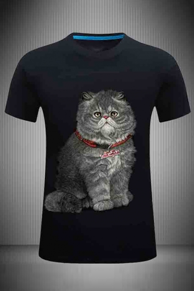 3D Cute Mens Letter Love Me Love My Cat Printed Slim Fitted Round Neck Short Sleeve Graphic T-Shirt