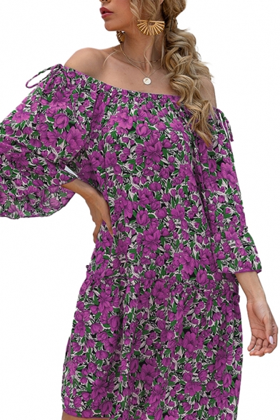 Casual All over Floral Printed Bell Sleeve Off the Shoulder Short Swing Dress for Women