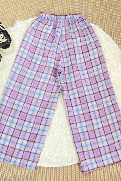 Casual English Letter Rabbit Embroidery Detail Plaid Pockets Elastic Waist Ankle Relaxed Fit Straight Trousers for Girls