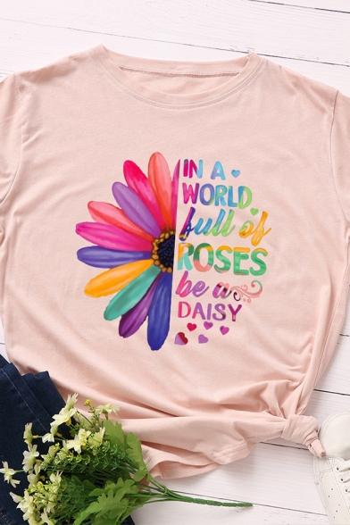 Chic Letter In A World Full Of Roses Flower Graphic Rolled Short Sleeve Crew Neck Regular Fit T Shirt for Girls