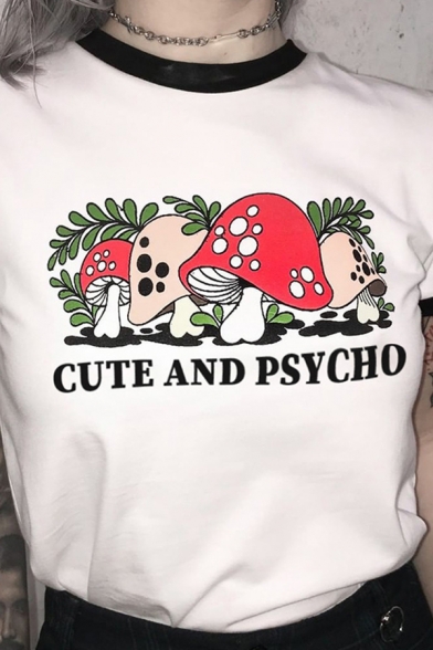 Chic Womens Letter Cute And Psycho Mushroom Graphic Short Sleeve Crew Neck Contrasted Loose Ringer T Shirt in White