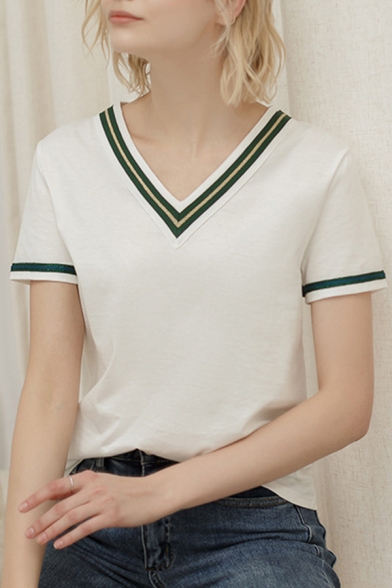 Classic Girls Striped Tape Patched Short Sleeve V-neck Relaxed T Shirt in White