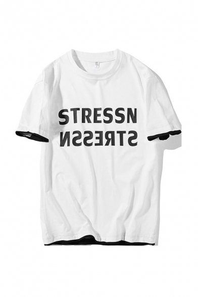 Creative Letter Stressn Pattern Contrasted Trim Crew Neck Short Sleeve Loose Fit Tee Top for Men
