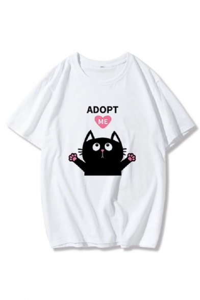 Cute Letter Adopt Me Cartoon Cat Graphic Short Sleeve Crew Neck Loose Fit T Shirt in White