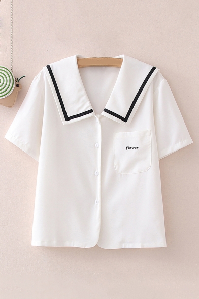 Daily Womens Flower Embroidered Contrast Trim Sailor Collar Single Breasted Short Sleeve Regular Fit Shirt with Pocket