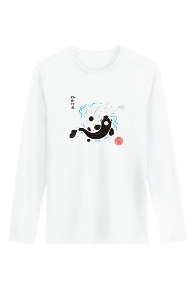Dressy Fish Water Pattern Japanese Letter Long Sleeve Round Neck Regular Fitted Tee Top for Men
