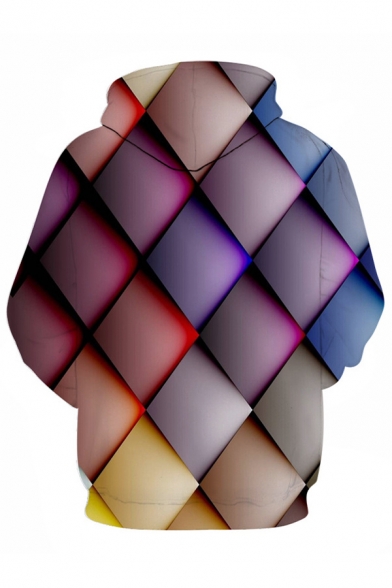 Fancy Mens 3D Colorblock Geometric Printed Pocket Drawstring Long Sleeve Regular Fitted Hooded Sweatshirt