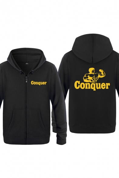 Fancy Mens Character Pattern Letter Conquer Zipper up Pocket Drawstring Long Sleeve Regular Fitted Graphic Hoodie