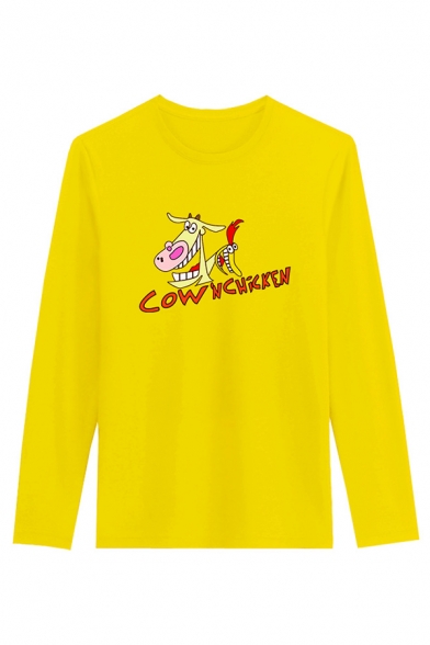 Funny Mens Cartoon Animal Letter Cow N Chicken Printed Long Sleeve Round Neck Regular Fit Graphic Tee Top