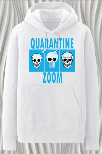Funny Skull Mask Letter Quarantine Zoom Printed Pocket Drawstring Long Sleeve Regular Fit Graphic Hooded Sweatshirt for Men