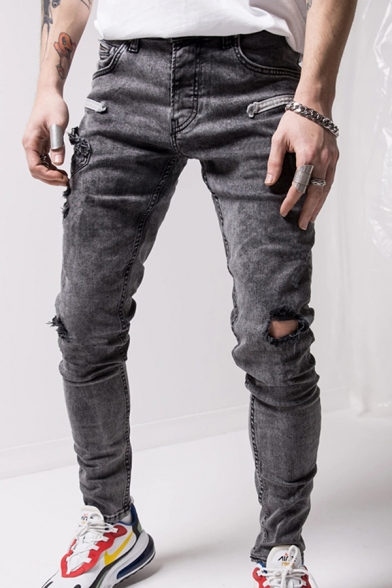 Gray Creative Mens Jeans Ripped Patchwork Zip Fly Button Pockets Tapered Fit Full Length Jeans with Washing Effect