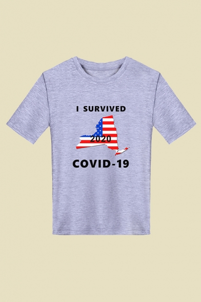 Guys Stylish Letter I Survived Covid-19 Flap Graphic Short Sleeve Crew Neck Relaxed T Shirt