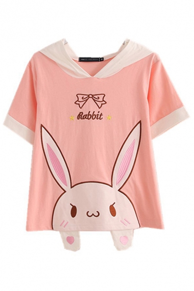Kawaii Girls Cartoon Rabbit Graphic Contrasted Short Sleeve Ears Hooded Relaxed T Shirt in Pink