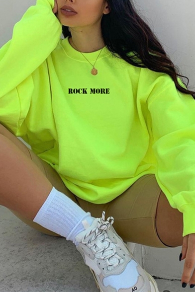 Korean Style Letter Rock More Print Long Sleeve Crew Neck Oversize Pullover Sweatshirt in Green