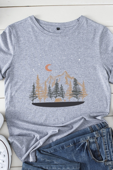 Leisure Mountain Tree Printed Rolled Short Sleeve Crew Neck Slim Fit T Shirt
